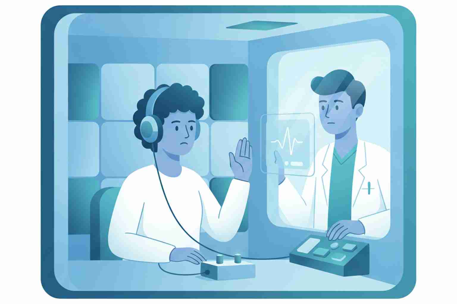 Patient in a sound booth during an audiogram hearing test