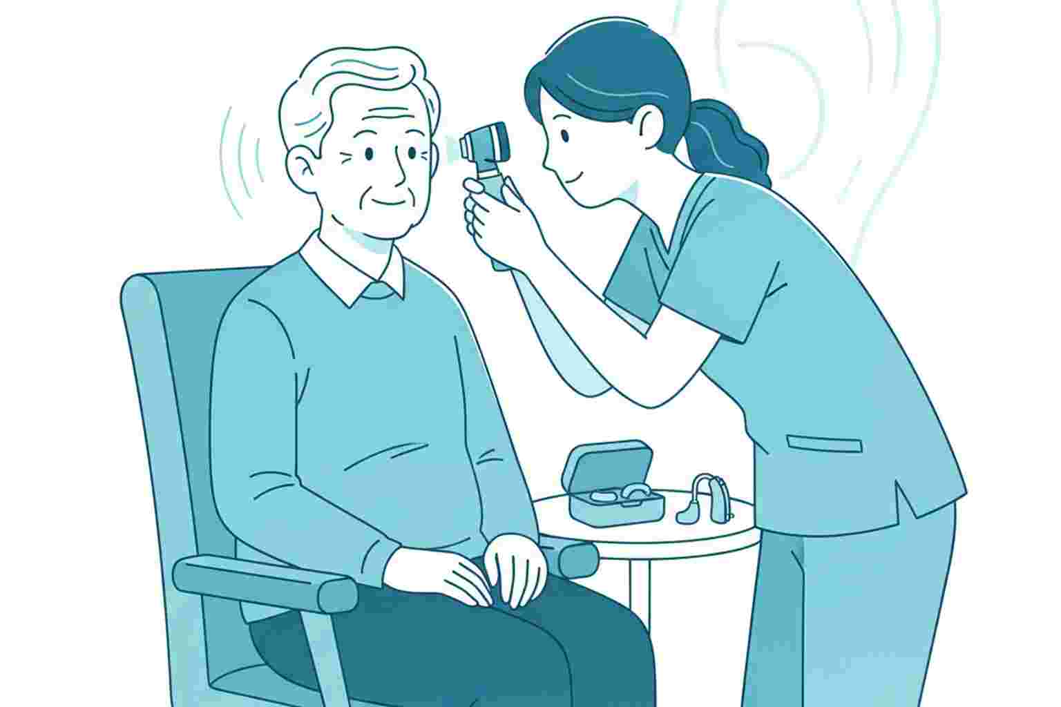 Medical illustration of senior at hearing care appointment