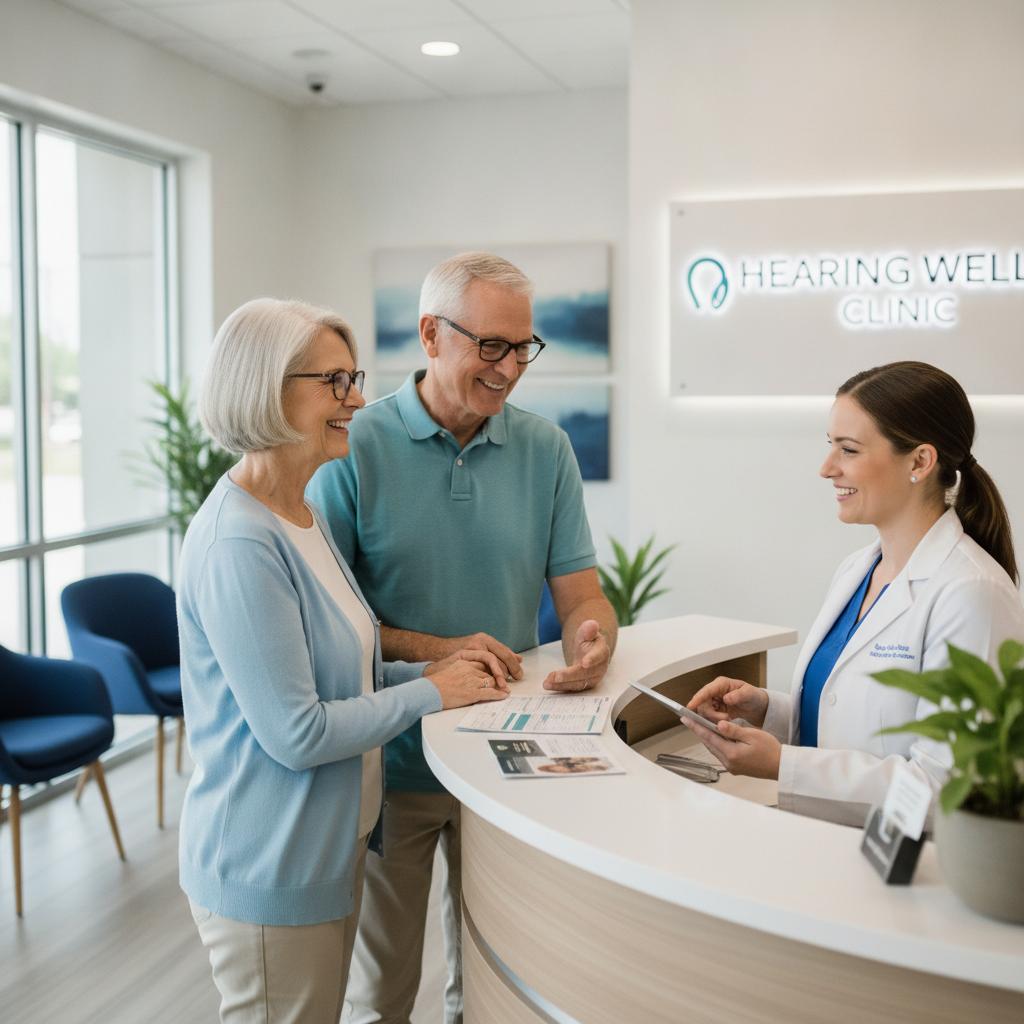 Senior couple at hearing clinic reception desk