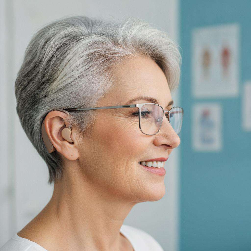 Woman wearing hearing aids and glasses together comfortably