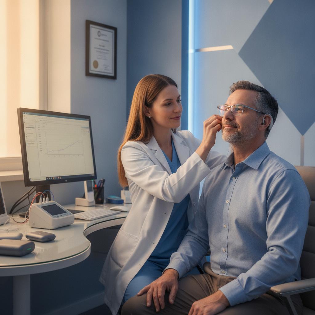 Licensed hearing specialist fitting a patient with hearing aids and glasses