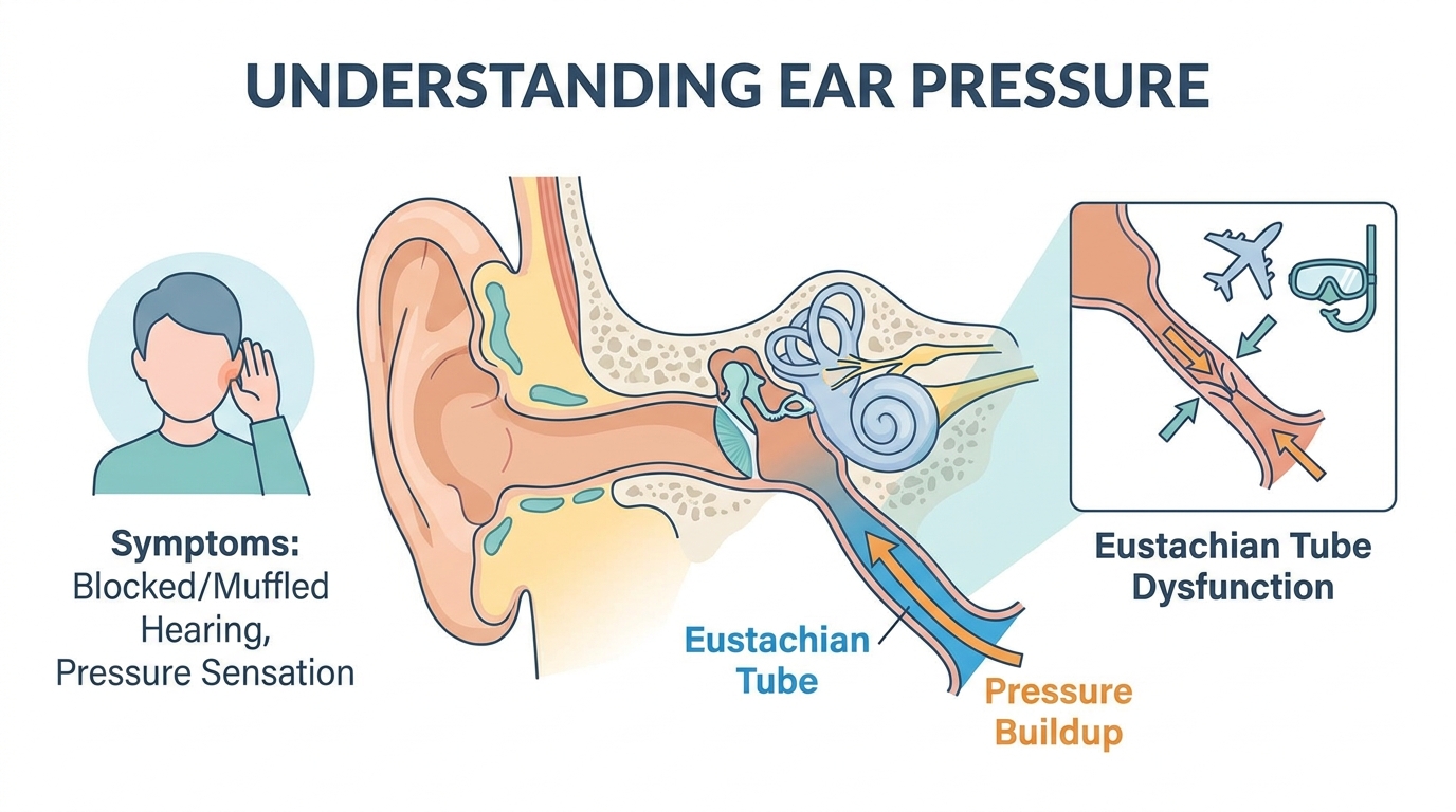 Medical illustration showing ear pressure symptoms including blocked ears, muffled sound, and eustachian tube dysfunction