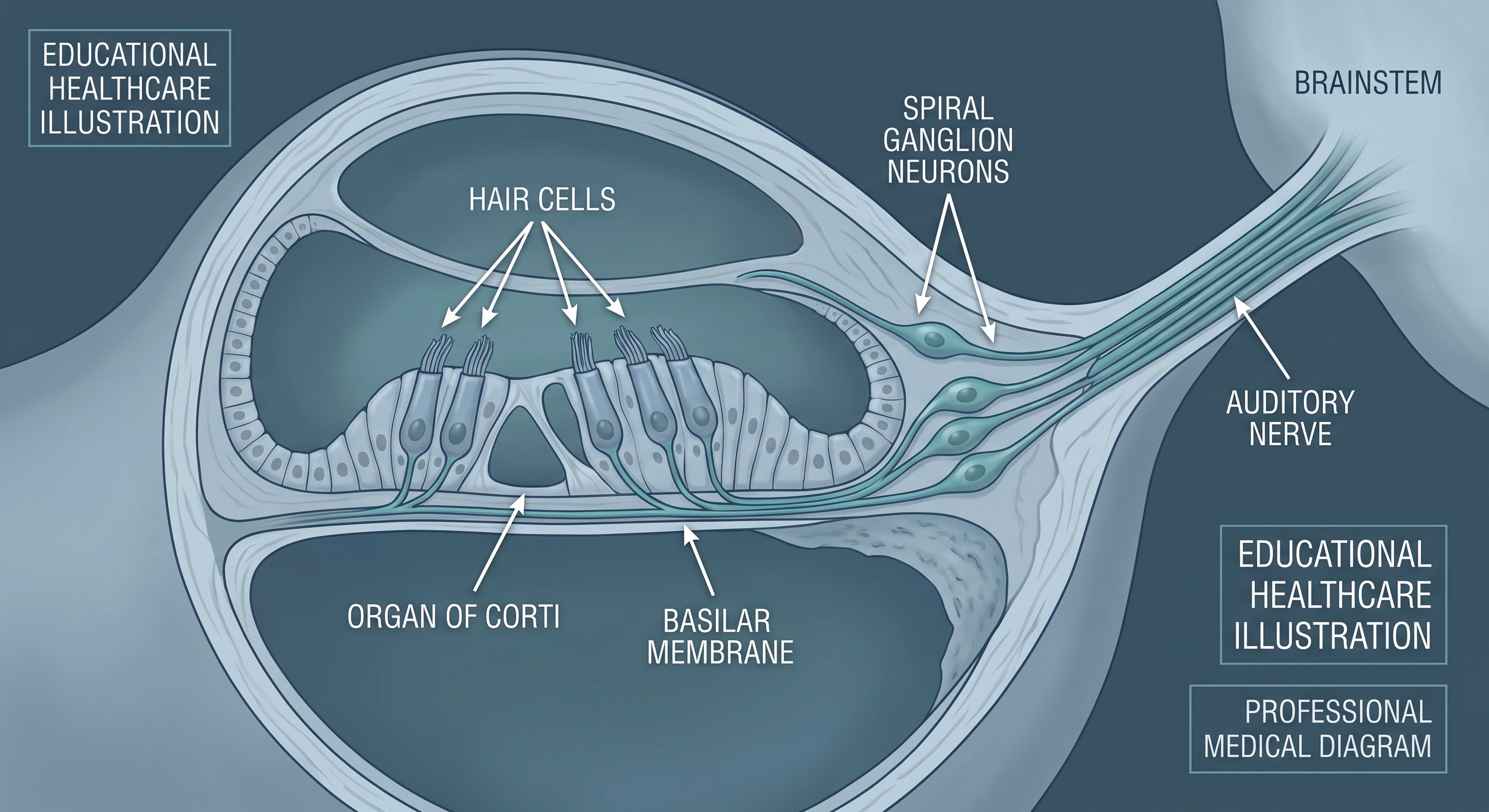 Medical diagram of the inner ear showing the cochlea and auditory nerve affected by sensorineural damage