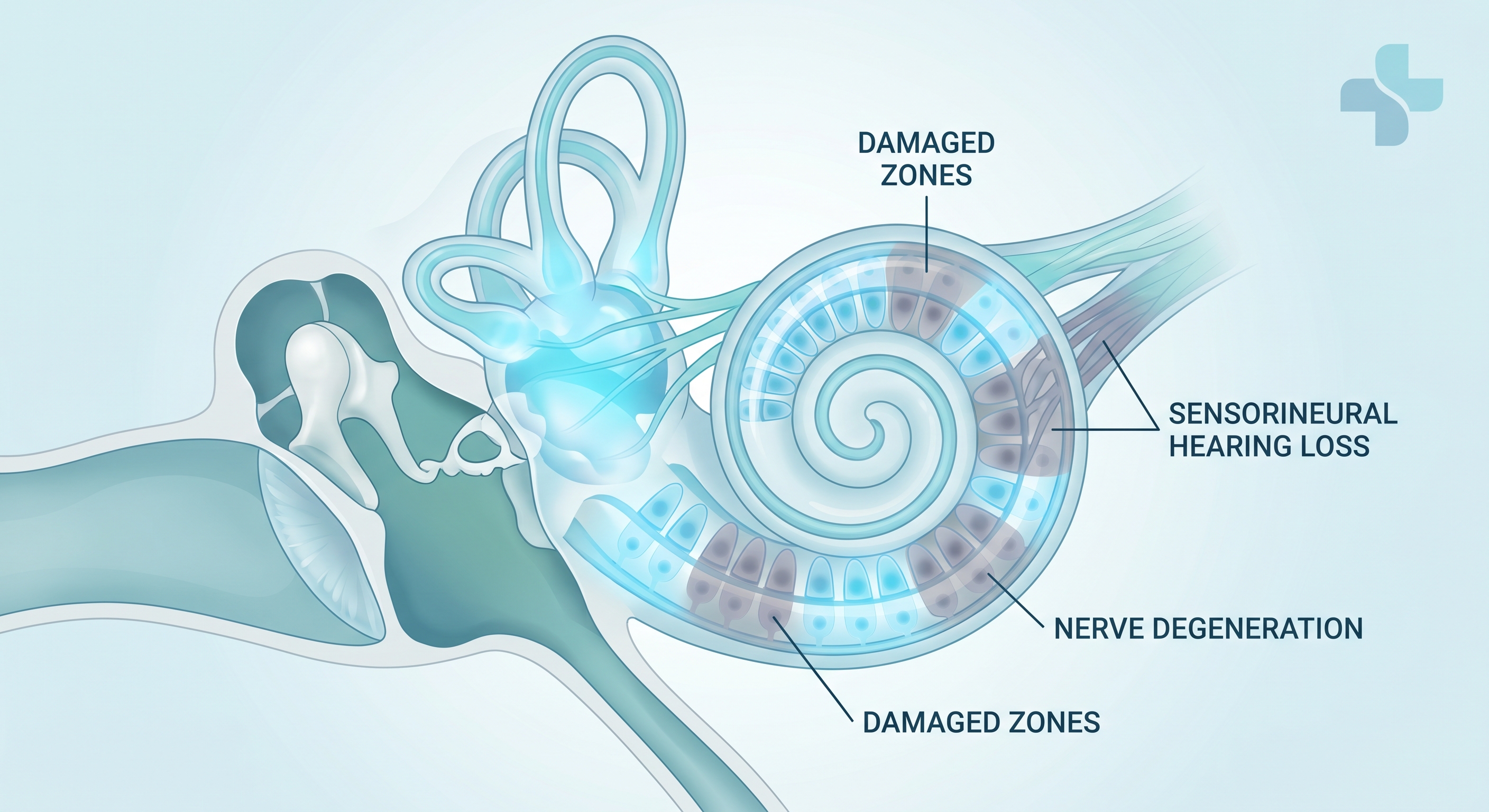 Medical illustration showing inner ear anatomy and sensorineural hearing loss