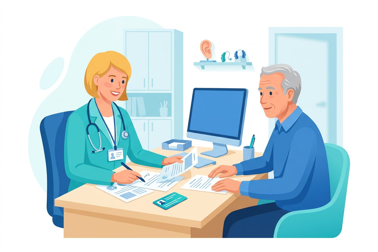 Hearing specialist reviewing insurance benefits with a patient at the clinic counter