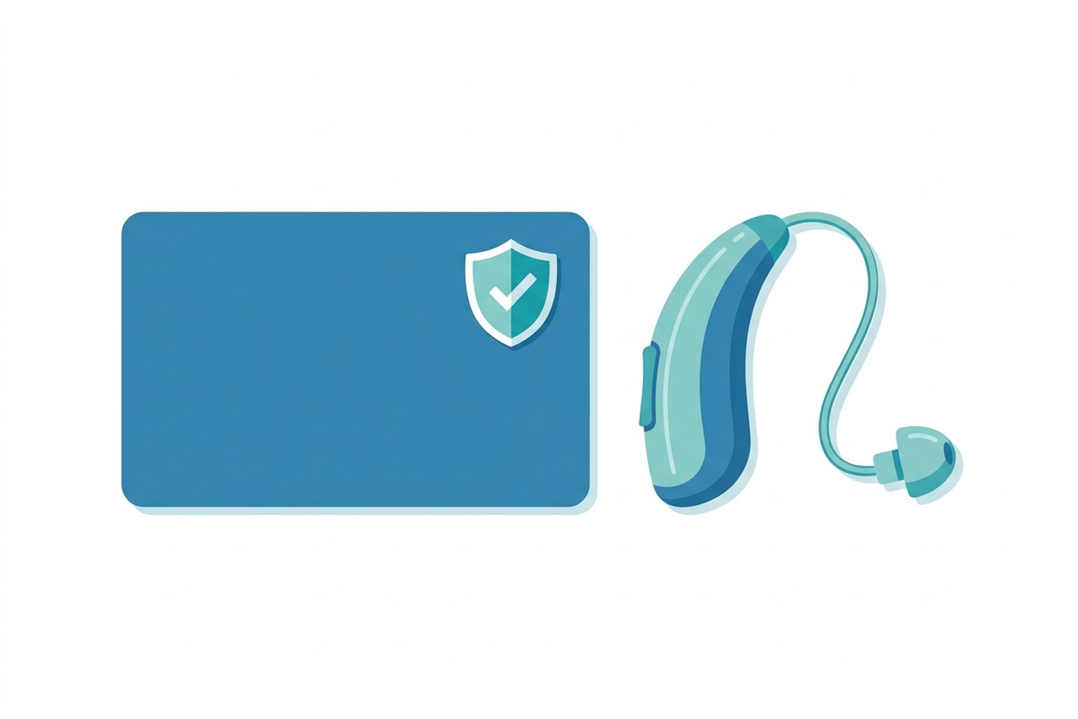 Health insurance benefit card with a shield and checkmark beside a hearing aid symbolizing hearing aid coverage