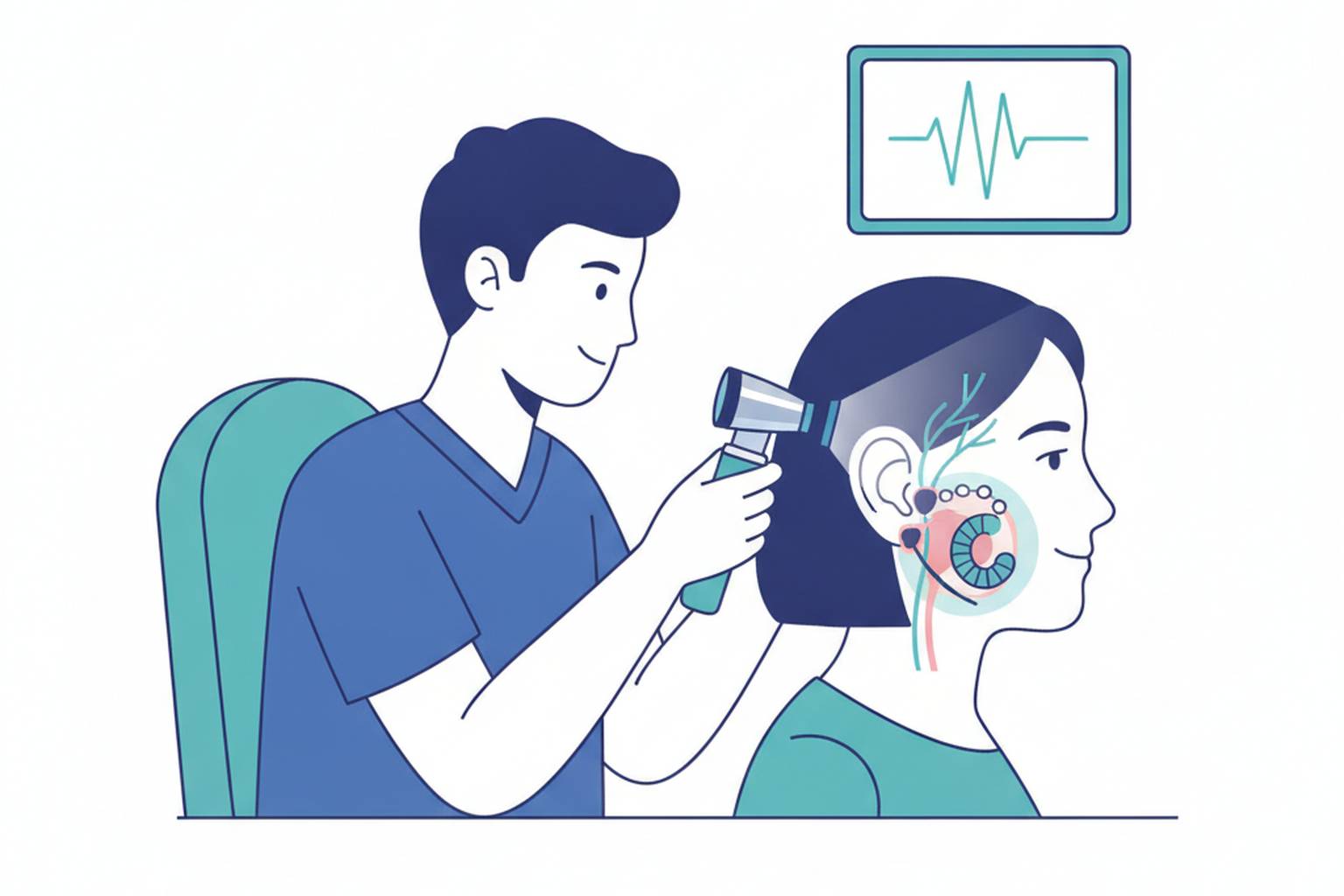 Specialist examining an ear with an otoscope