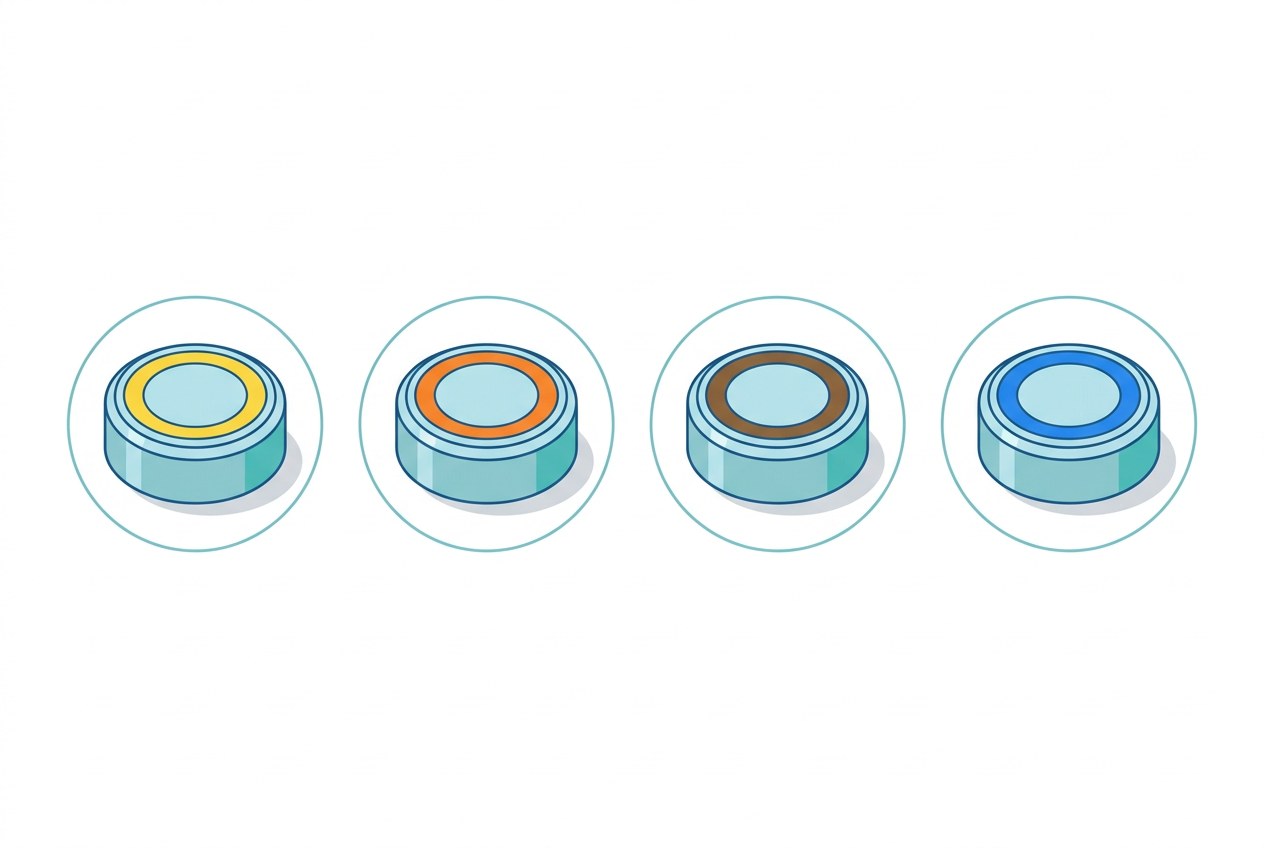Four color-coded zinc-air hearing aid battery sizes with yellow 10, brown 312, orange 13, and blue 675 tabs