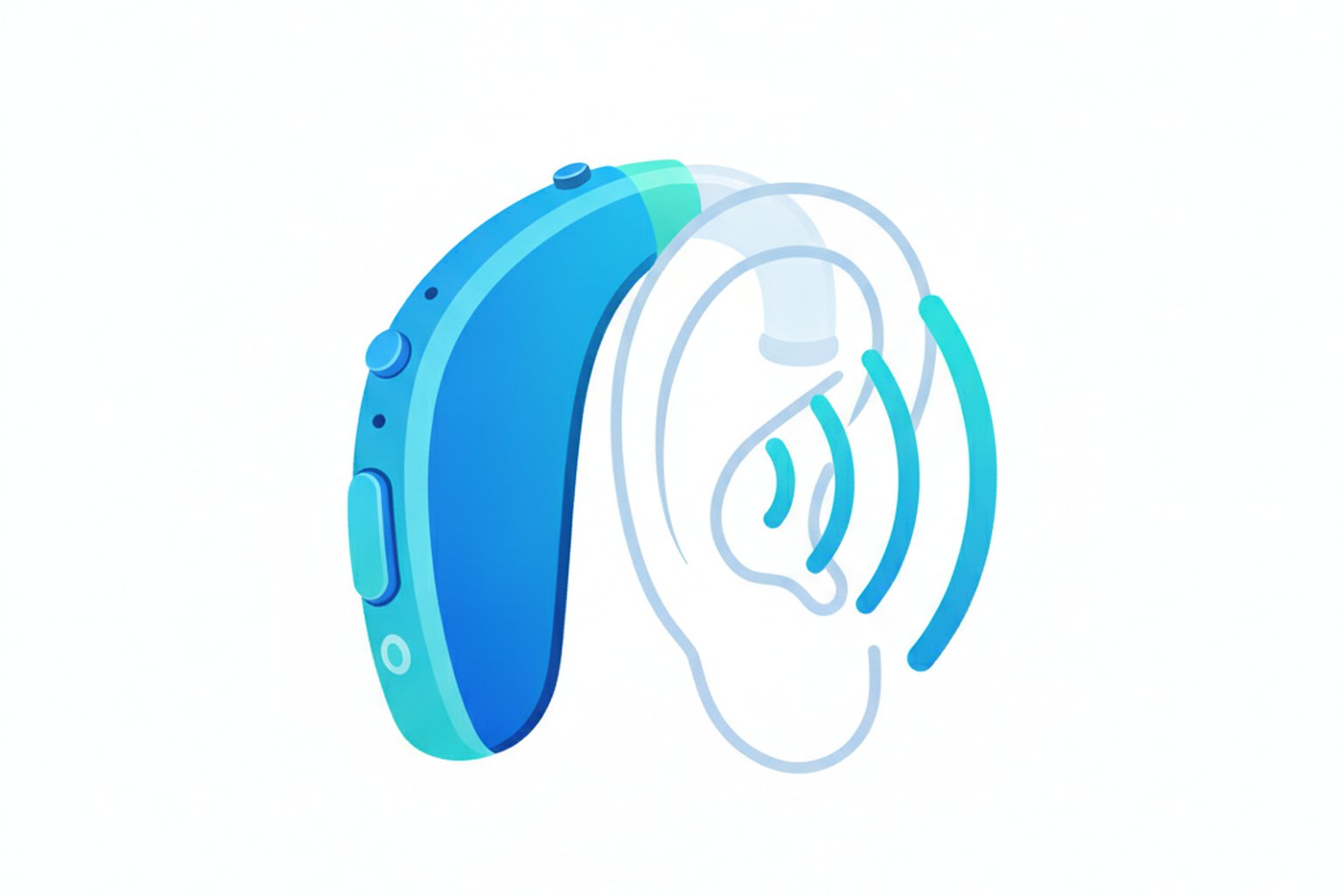 Behind the ear hearing aid with sound waves flowing toward an ear