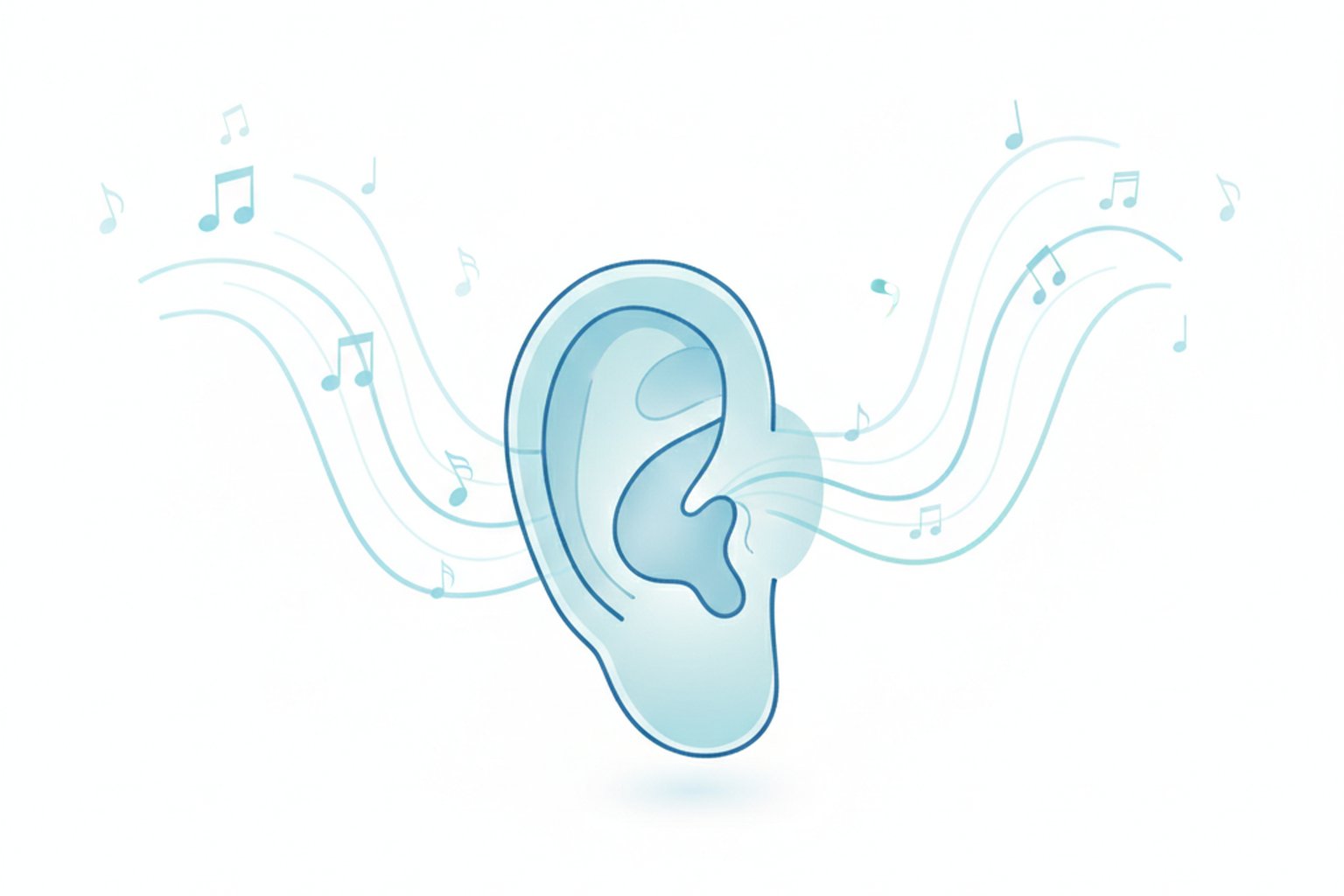Ear surrounded by musical notes and natural sound waves