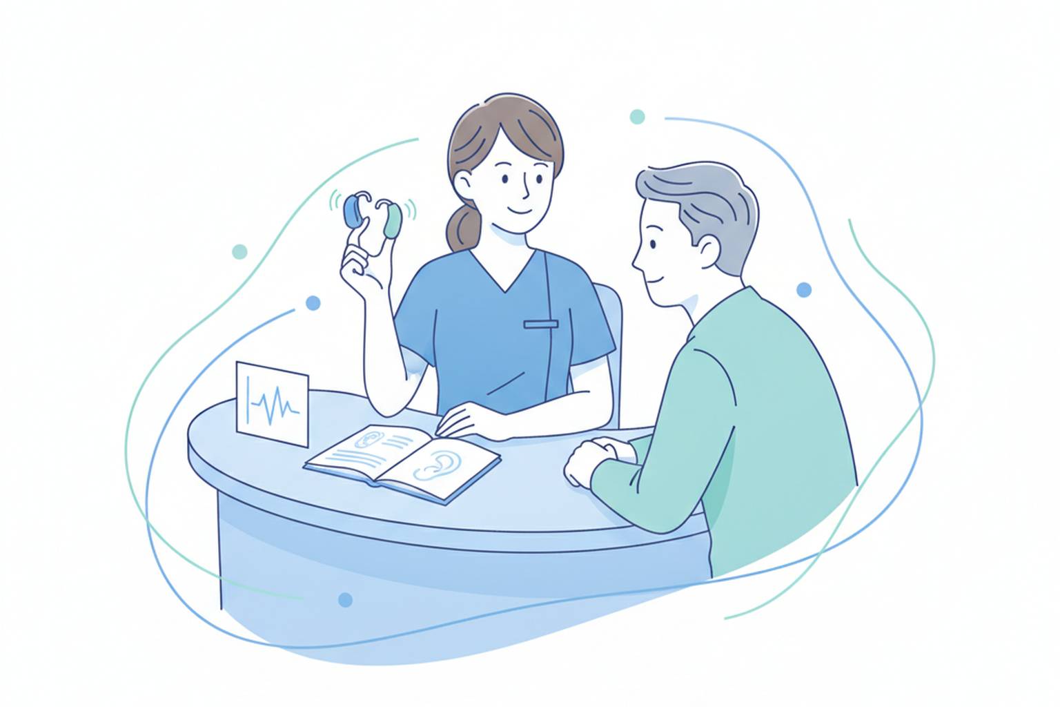 Hearing specialist showing two hearing aid models to a patient