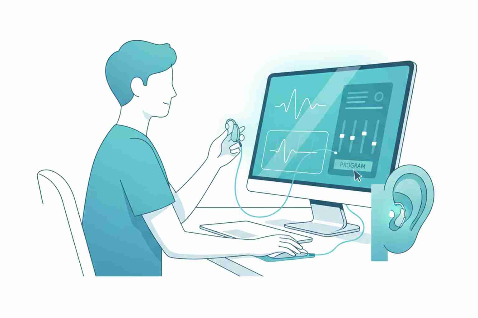 Hearing specialist programming a hearing aid with specialized software