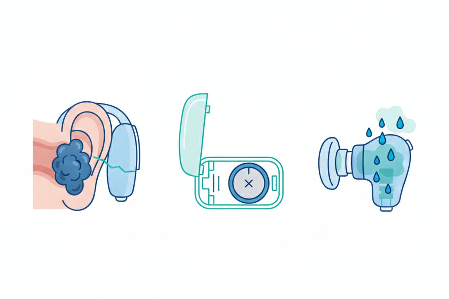 Common hearing aid problems: earwax buildup, dead battery, and moisture damage