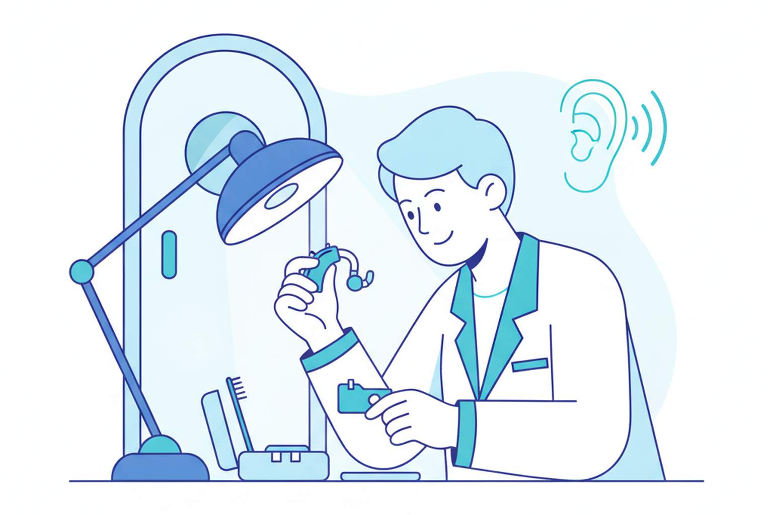 Licensed hearing specialist examining a hearing aid under magnification in a clinic