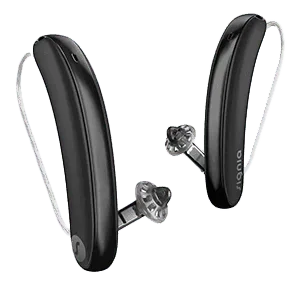 Signia Styletto IX slim RIC hearing aids in portable wireless charger