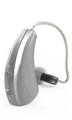 Starkey Edge AI receiver-in-canal hearing aid in Sterling Silver finish