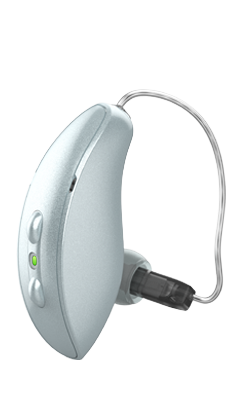 Starkey Omega AI Plus receiver-in-canal hearing aid in Sterling Silver finish