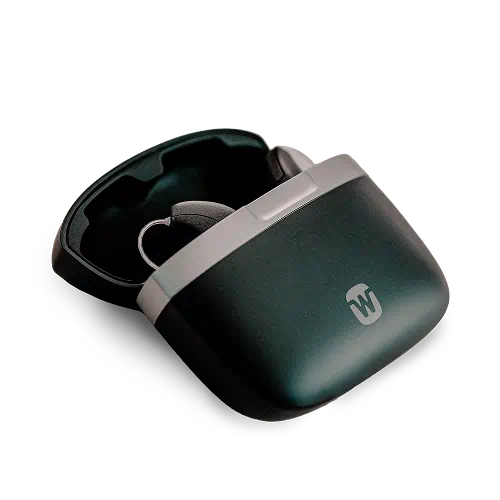 Widex Allure AI RIC R D hearing aids in a charging case