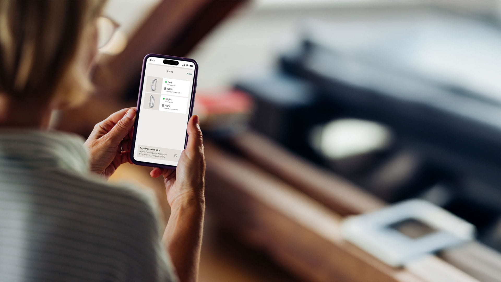 Widex Moment user streaming audio directly from her phone
