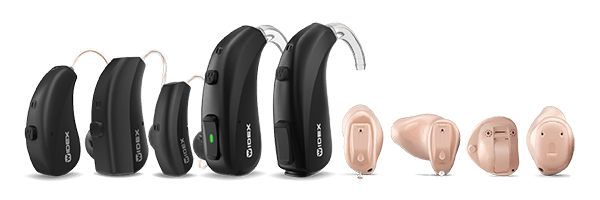 Widex Moment hearing aid family: RIC, BTE, and ITE models in Tech Black
