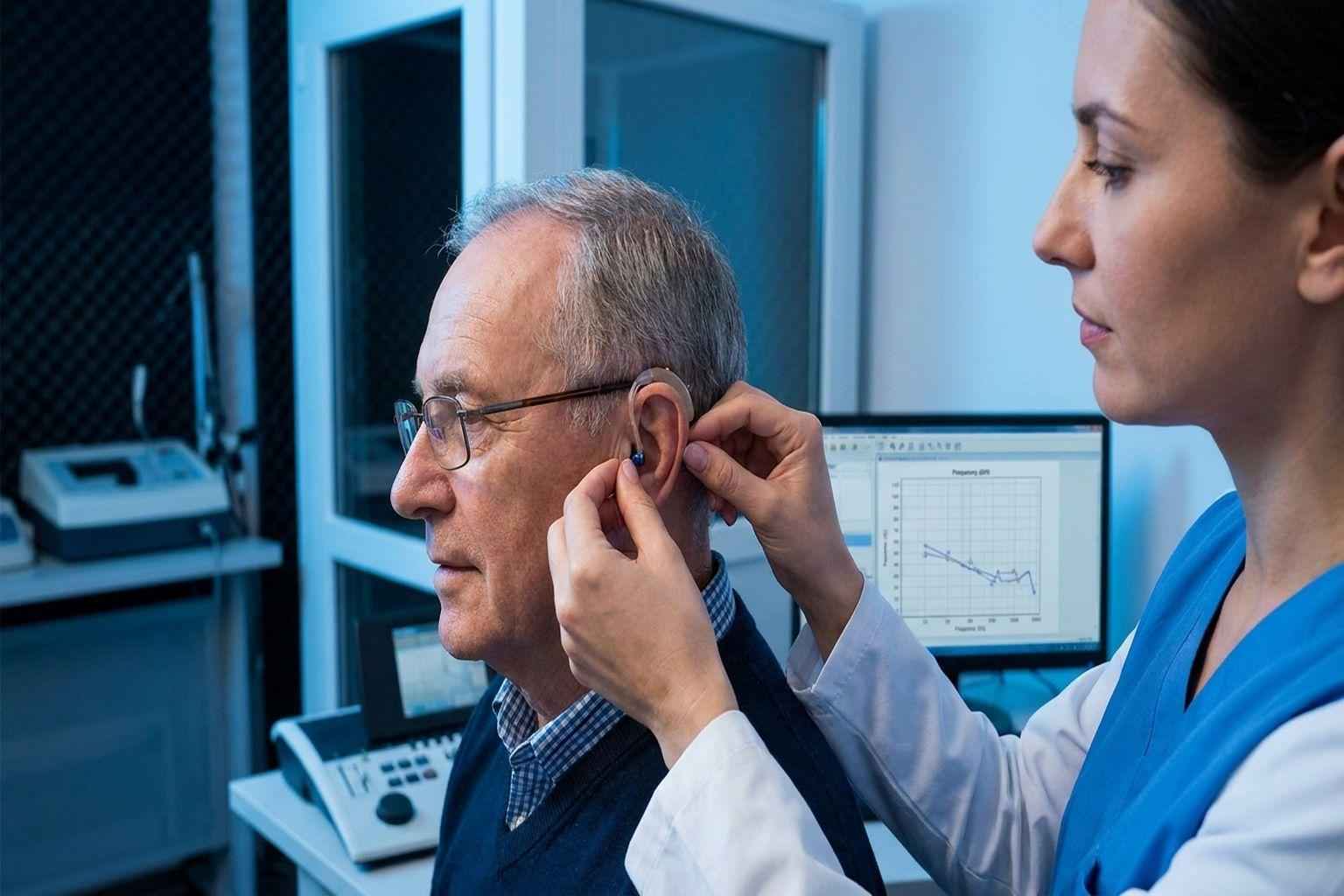 Audiologist performing real ear measurement fitting