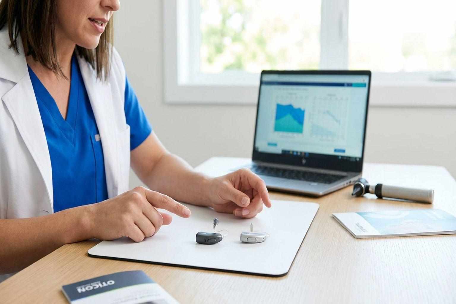 Audiologist comparing Phonak and Oticon hearing aids side by side