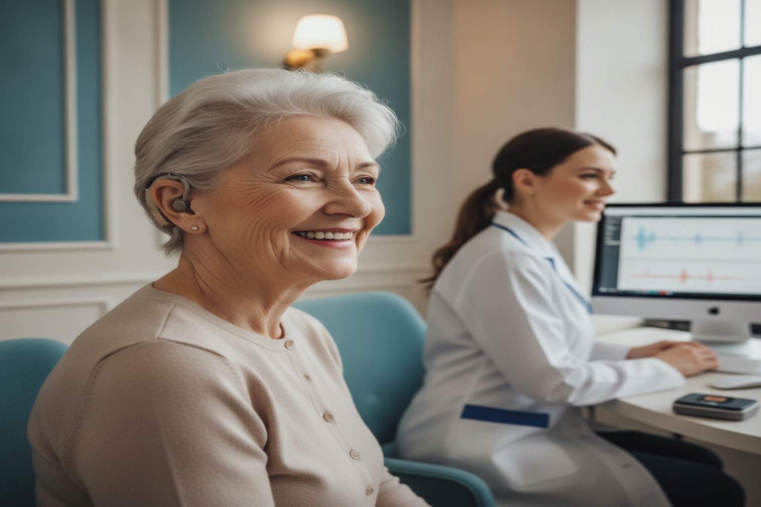 Patient smiling after successful hearing aid fitting with real ear measurement