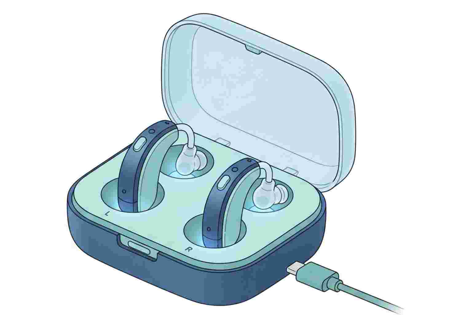 Rechargeable hearing aids with charging dock in blue and teal medical illustration