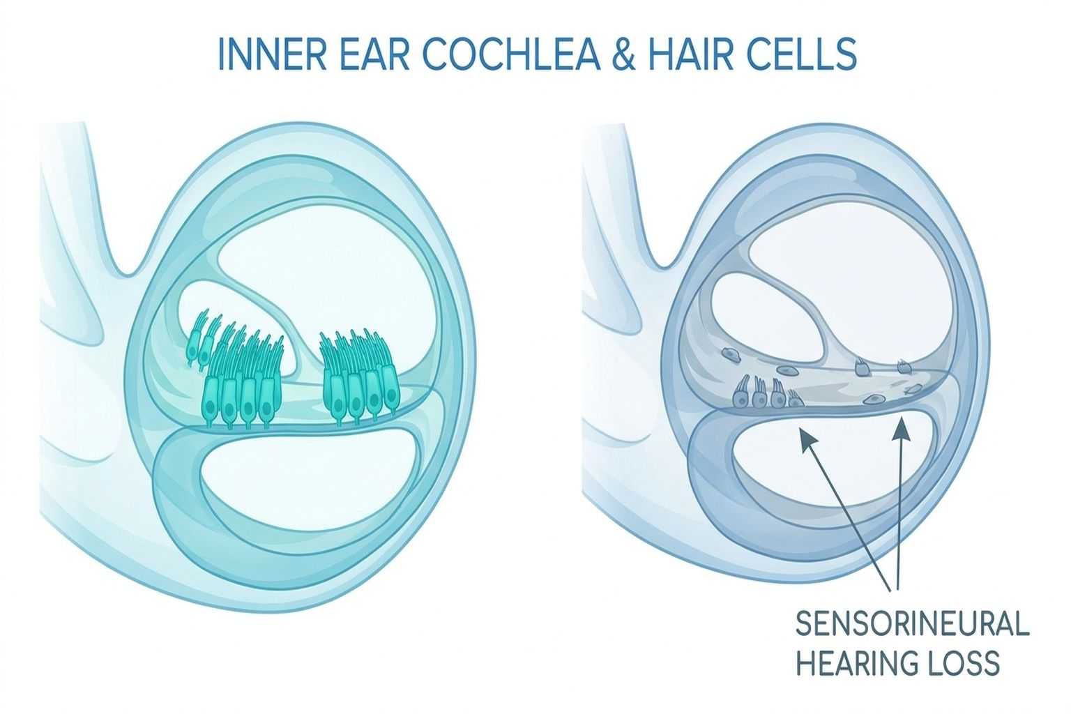 Inner ear anatomy showing sensorineural hearing loss damage to cochlear hair cells