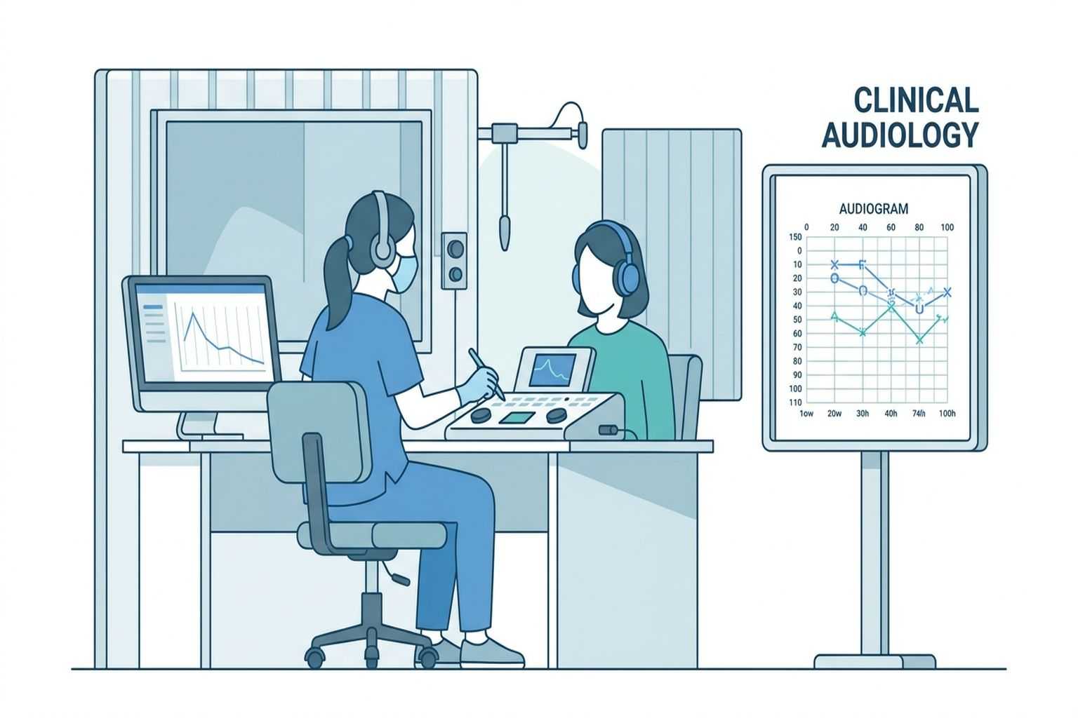 Audiologist conducting hearing test and audiogram for sudden hearing loss diagnosis
