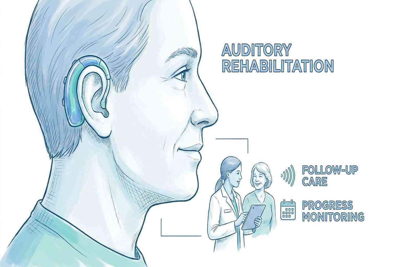 Patient receiving follow-up hearing care and hearing aid fitting after sudden hearing loss recovery