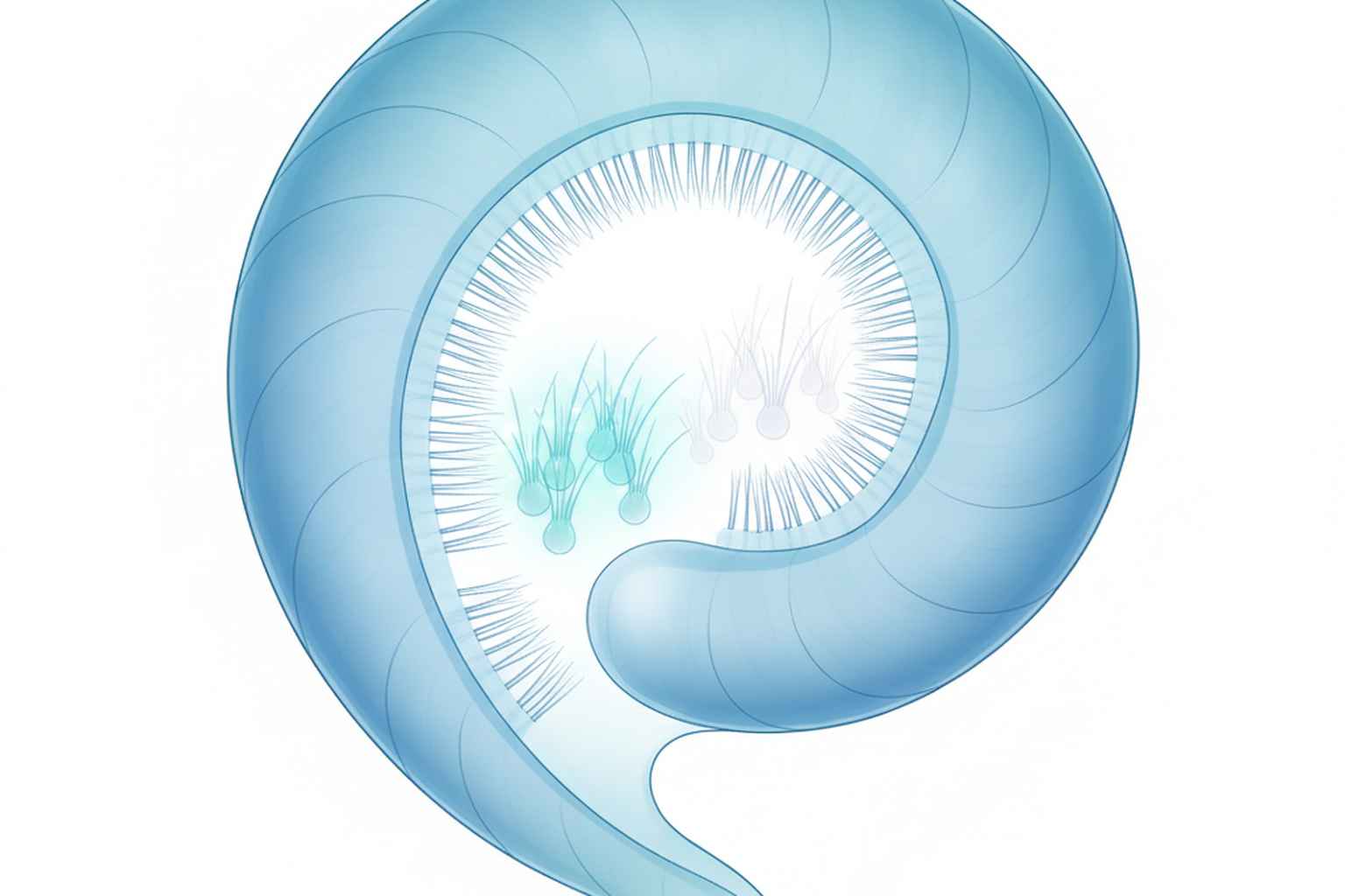 Illustration of the cochlea with damaged hair cells causing sensorineural hearing loss