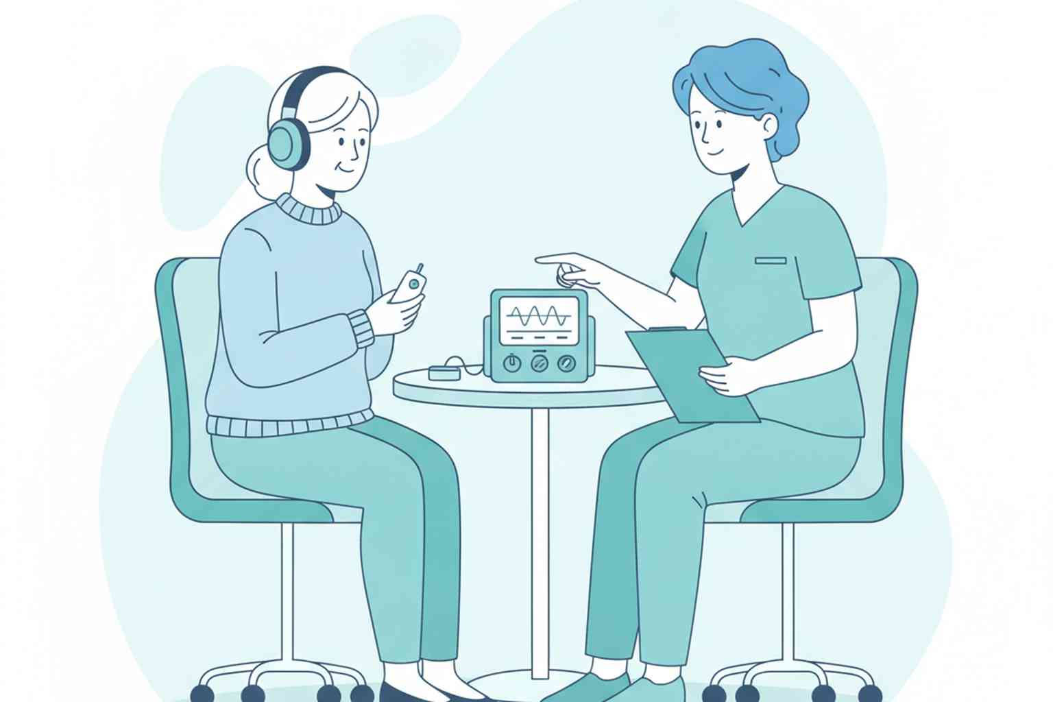 Illustration of an audiologist performing a hearing test on an older adult