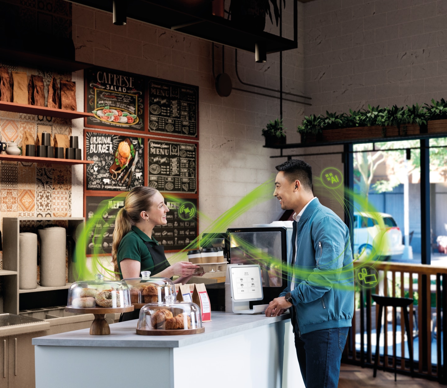 Phonak Virto R Infinio user enjoying conversation in cafe